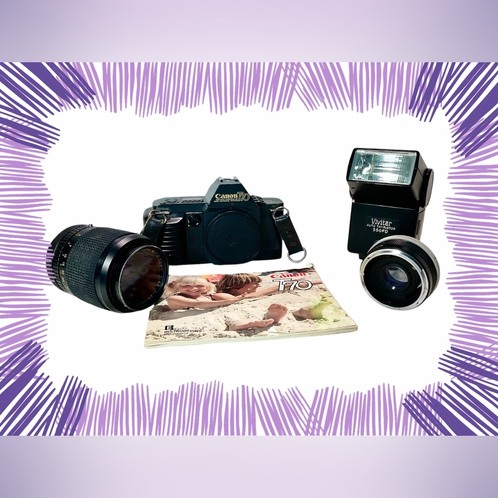 Canon T70 auto wind film camera with zoom lens , 2X converter and flash